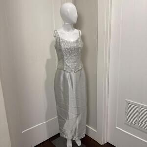 VTG Jessica McClintock Women's Medium Silver Corset Beaded Dress Sz 10 Y2K *Read